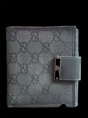 Gucci Black Monogram Compact Wallet with Leather Trim